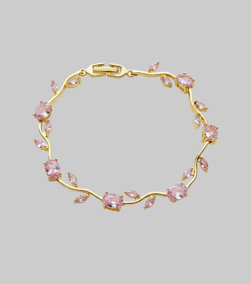 Women’s Bracelet - Tulip Design with Pink Zircon Stones - Gold Plated Stainless Steel