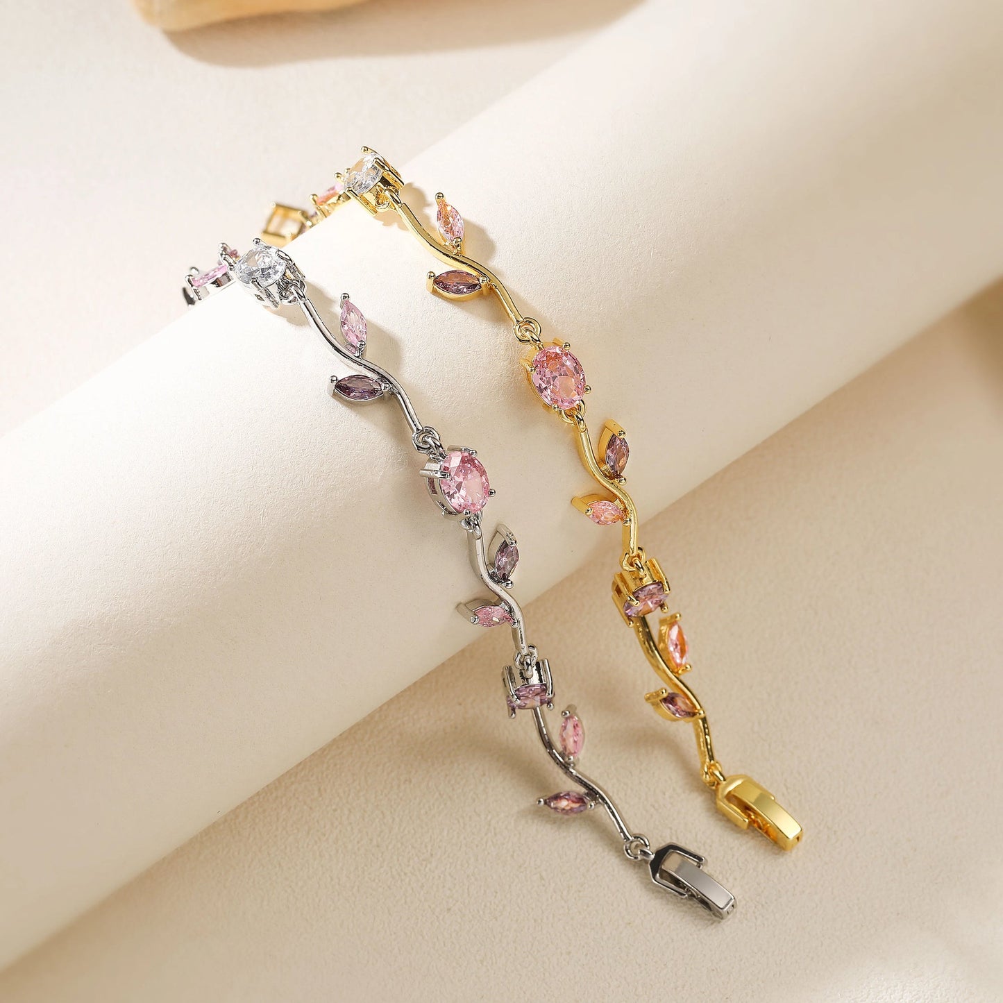 Women’s Bracelet - Tulip Design with Pink Zircon Stones - Gold Plated Stainless Steel