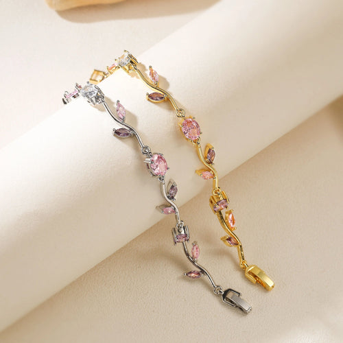 Women’s Bracelet - Tulip Design with Pink Zircon Stones - Gold Plated Stainless Steel
