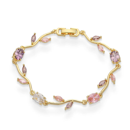 Women’s Bracelet - Tulip Design with Pink Zircon Stones - Gold Plated Stainless Steel