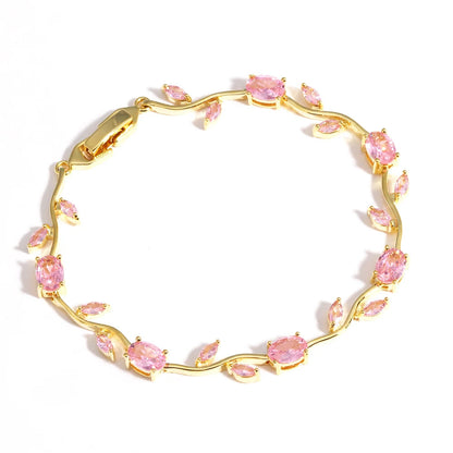 Women’s Bracelet - Tulip Design with Pink Zircon Stones - Gold Plated Stainless Steel